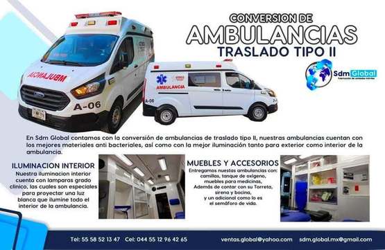 En Sdm Global Mexico Fabricacion conversion equipamiento y venta de Ambulancias de traslado en Mexico somos fabricantes directos. Sdm Global Mexico empresa 100% especializada en la venta fabricación conversión equipamiento de diferentes tipos de ambulancias de traslado y vehículos de emergencia, ofreciendo soluciones personalizadas para diversas necesidades en el mercado nacional.Dedicados a la fabricación de ambulancias y patrullas, ofreciendo servicios relacionados con la seguridad y emergencias, venta de unidades médicas móviles y ambulancias, además de carrocerías industriales,Somos un fabricante mexicano con más de 15 años de experiencia, especializado en la fabricación y comercialización de ambulancias y vehículos de rescate, con un enfoque en la alta calidad y el cumplimiento de normativas mexicanas.Diseñamos y equipamos ambulancias con la tecnología y los materiales necesarios para asegurar funcionalidad y seguridad, cumpliendo con las normativas mexicanas.En Sdm Global Mexico nos dedicamos a la Fabricacion conversion equipamiento y venta de Unidades Moviles Medicas Especiales en Mexico somos fabricantes directos en Mexico.